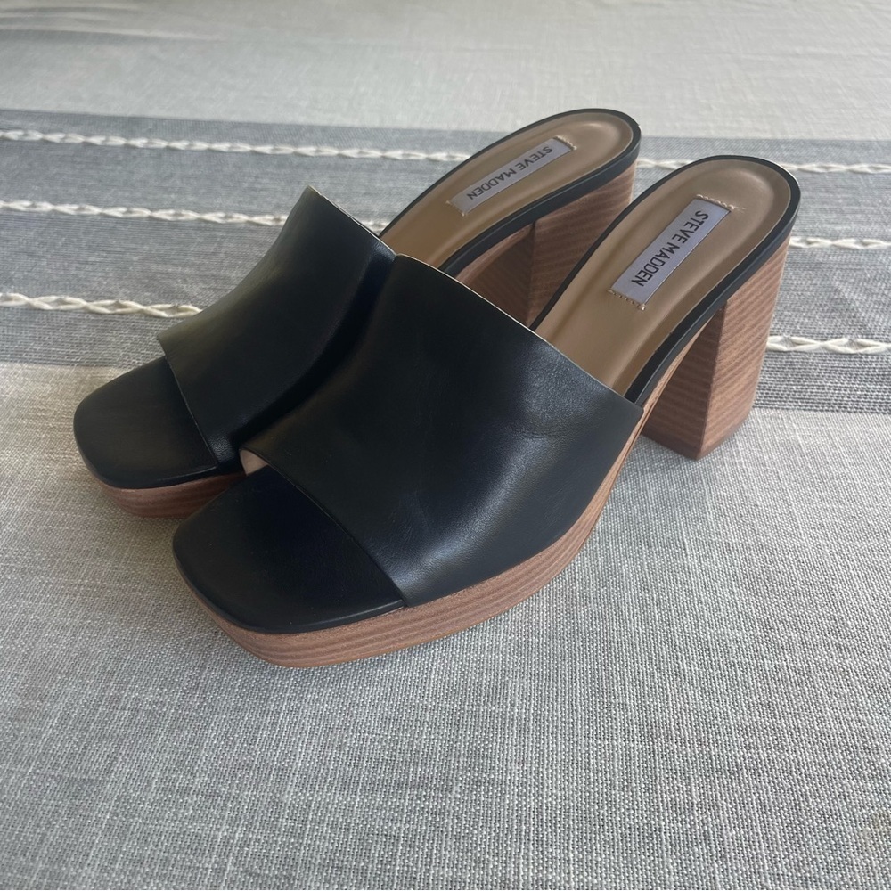 Steve Madden Elda Sandal Platform Block Heel Black Leather Size 10 Chunky Y2K - Picture 4 of 5